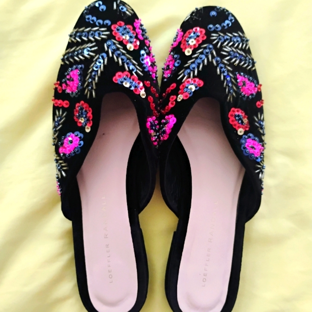 Loeffler Randall Black Velvet Floral Embroidered Sequin Shoe Slipper Mule